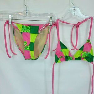 LILLY PULITZER Sz 0 String Bikini Swimsuit Patchwork Pink Green Lined